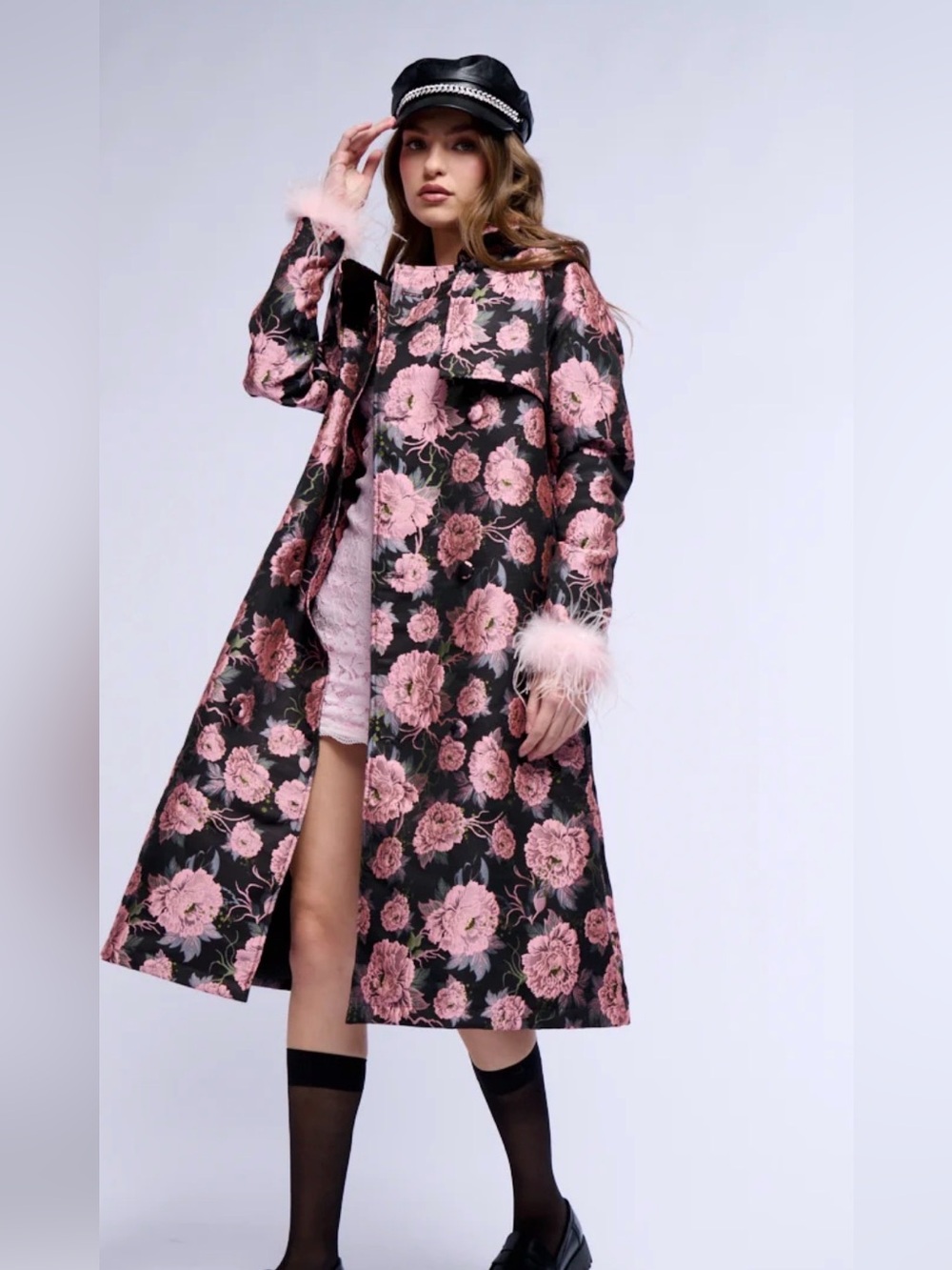 AKIRA Momma is Always Right Floral Trench Coat with Pink Feather Cuffs sz S
